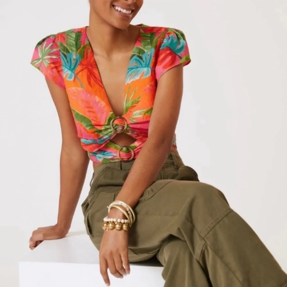 FARM Rio Tropical Print Short Sleeve Top - Pink, Orange, Green - Picture 6 of 7